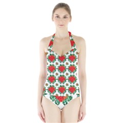 Retro 1880s Flowers Pattern 13 Halter Swimsuit