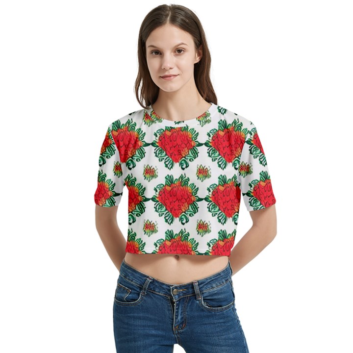 Retro 1880s Flowers Pattern 13 Women s Round Neck Short Sleeve Crop Top