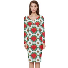 Retro 1880s Flowers Pattern 13 Long Sleeve V-neck Bodycon Dress 