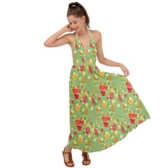 Retro 1880s Flowers Pattern 17 Backless Maxi Beach Dress