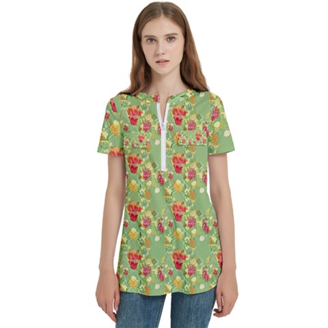 Retro 1880s Flowers Pattern 17 Women s Zip Front V-neck Short Sleeve Casual Top Pocket Shirt by violetheavensky