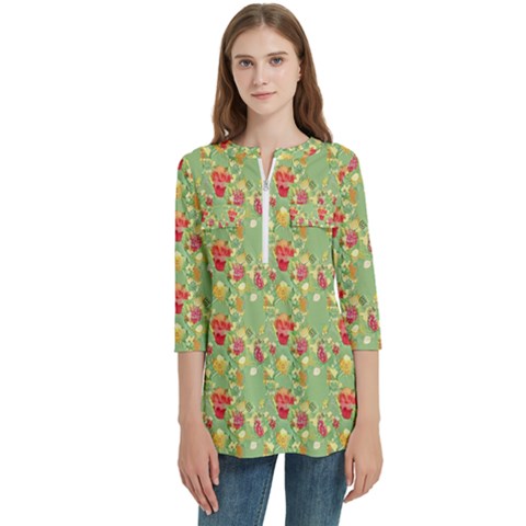 Retro 1880s Flowers Pattern 17 Women s Zip Front V-neck 3/4 Sleeve Casual Top Pocket Shirt by violetheavensky