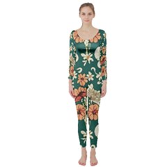 Retro 1880s Flowers Pattern 20 Long Sleeve Catsuit