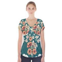 Retro 1880s Flowers Pattern 20 Short Sleeve Front Detail Top