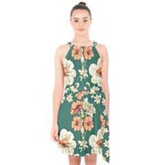 Retro 1880s Flowers Pattern 20 Halter Collar Waist Tie Chiffon Dress