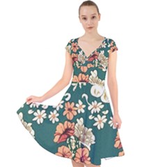 Retro 1880s Flowers Pattern 20 Cap Sleeve Front Wrap Midi Dress