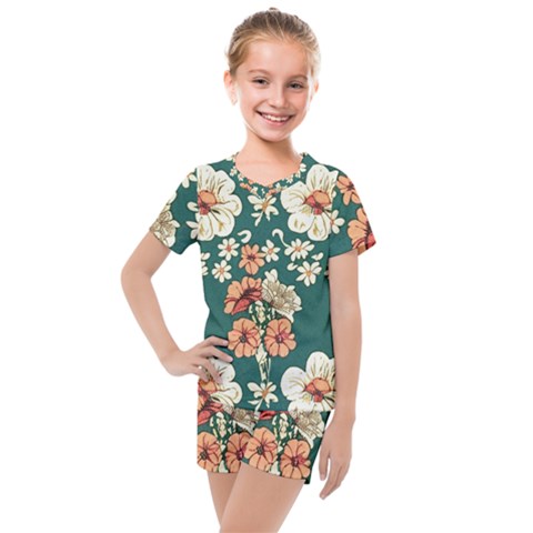 Retro 1880s Flowers Pattern 20 Kids  Mesh T-shirt And Shorts Set by violetheavensky