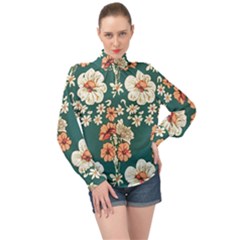 Retro 1880s Flowers Pattern 20 High Neck Long Sleeve Chiffon Top