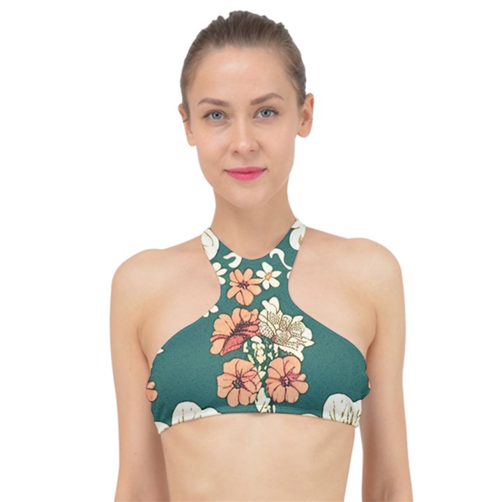 Retro 1880s Flowers Pattern 20 High Neck Bikini Top