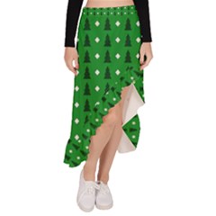 Green Christmas Tree Pattern Background Asymmetrical Ruffle Hem Skirt  by Paksenen