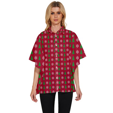 Snowflake Christmas Tree Pattern Women s Batwing Button Up Shirt by Paksenen