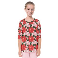 Poinsettia Pattern Seamless Pattern Christmas Xmas Kids  Quarter Sleeve Raglan T-shirt