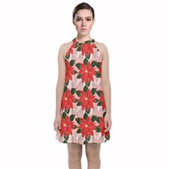 Poinsettia Pattern Seamless Pattern Christmas Xmas Velvet Halter Neckline Dress 