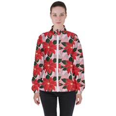 Poinsettia Pattern Seamless Pattern Christmas Xmas Women s High Neck Windbreaker