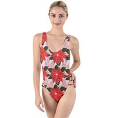 Poinsettia Pattern Seamless Pattern Christmas Xmas High Leg Strappy Swimsuit