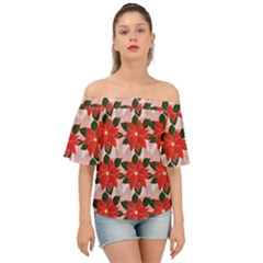 Poinsettia Pattern Seamless Pattern Christmas Xmas Off Shoulder Short Sleeve Top