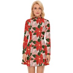 Poinsettia Pattern Seamless Pattern Christmas Xmas Long Sleeve Velour Longline Dress