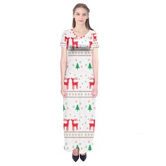 Red Green And Blue Christmas Themed Illustration Short Sleeve Maxi Dress