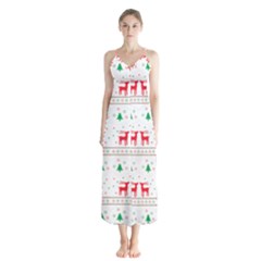 Red Green And Blue Christmas Themed Illustration Button Up Chiffon Maxi Dress