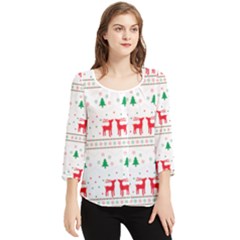 Red Green And Blue Christmas Themed Illustration Chiffon Quarter Sleeve Blouse by Paksenen