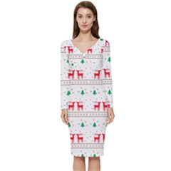 Red Green And Blue Christmas Themed Illustration Long Sleeve V-neck Bodycon Dress  by Paksenen