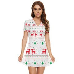 Red Green And Blue Christmas Themed Illustration V-neck High Waist Chiffon Mini Dress