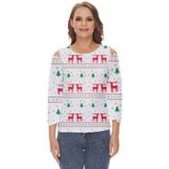 Red Green And Blue Christmas Themed Illustration Cut Out Wide Sleeve Top