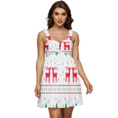 Red Green And Blue Christmas Themed Illustration Ruffle Strap Babydoll Chiffon Dress