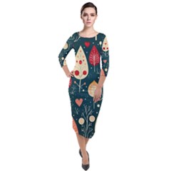 Christmas Tree Pattern Quarter Sleeve Midi Velour Bodycon Dress