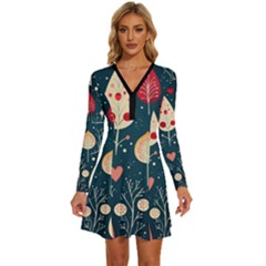 Christmas Tree Pattern Long Sleeve Deep V Mini Dress 