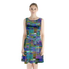 Glitch Chaos Print Sleeveless Waist Tie Chiffon Dress