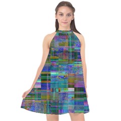 Glitch Chaos Print Halter Neckline Chiffon Dress 