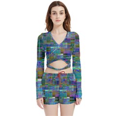 Glitch Chaos Print Velvet Wrap Crop Top And Shorts Set