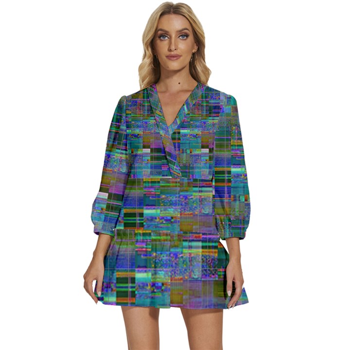 Glitch Chaos Print V-Neck Placket Mini Dress