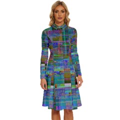 Glitch Chaos Print Long Sleeve Shirt Collar A-line Dress