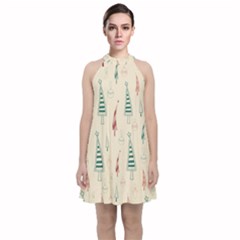 Trees Christmas Holiday Pattern Velvet Halter Neckline Dress 