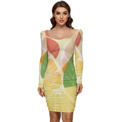 Citrus Fruit Healthy Vitamin Women Long Sleeve Ruched Stretch Jersey Dress by Paksenen