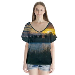 Peaceful Horizons Of Uruguay  V-neck Flutter Sleeve Top