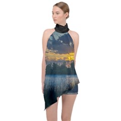 Peaceful Horizons Of Uruguay  Halter Asymmetric Satin Top