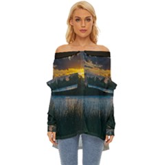 Peaceful Horizons Of Uruguay  Off Shoulder Chiffon Pocket Shirt