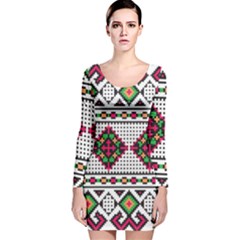 Ukrainian Folk Seamless Pattern Ethnic Ornament Border Element Traditional Long Sleeve Velvet Bodycon Dress