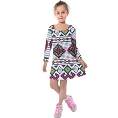 Ukrainian Folk Seamless Pattern Ethnic Ornament Border Element Traditional Kids  Long Sleeve Velvet Dress