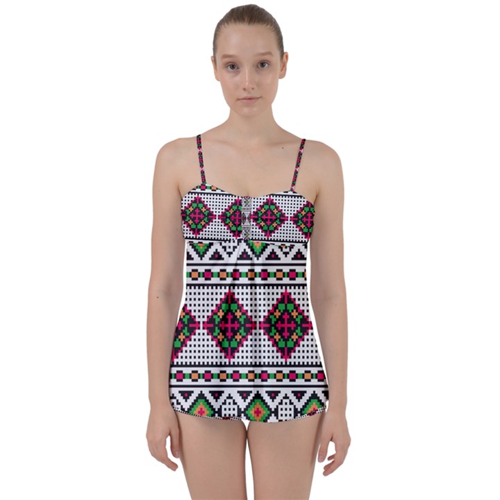 Ukrainian Folk Seamless Pattern Ethnic Ornament Border Element Traditional Babydoll Tankini Set