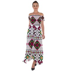 Ukrainian Folk Seamless Pattern Ethnic Ornament Border Element Traditional Off Shoulder Open Front Chiffon Dress