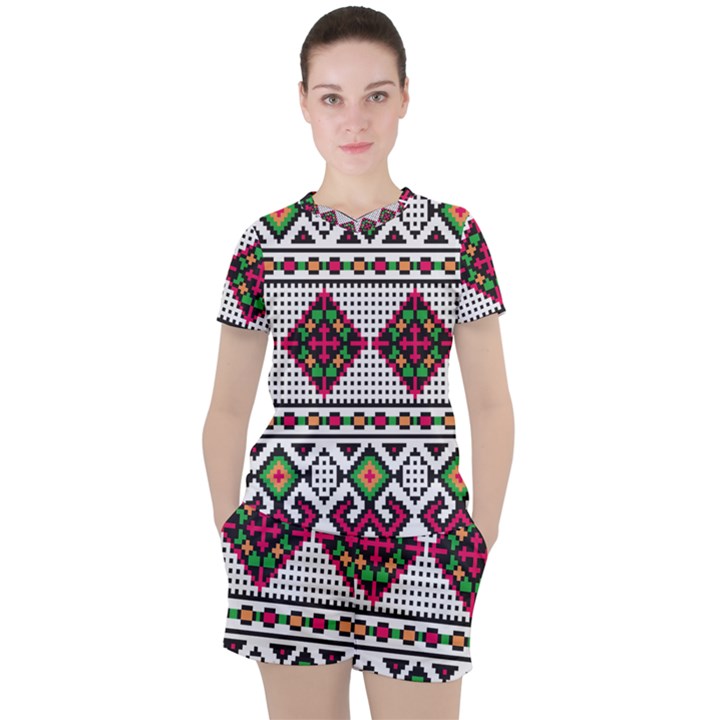 Ukrainian Folk Seamless Pattern Ethnic Ornament Border Element Traditional Women s T-Shirt and Shorts Set