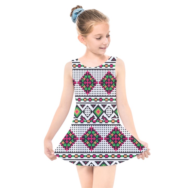 Ukrainian Folk Seamless Pattern Ethnic Ornament Border Element Traditional Kids  Skater Dress Swimsuit