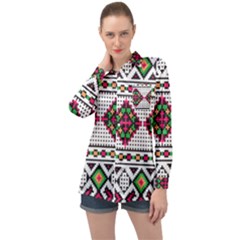 Ukrainian Folk Seamless Pattern Ethnic Ornament Border Element Traditional Long Sleeve Satin Shirt