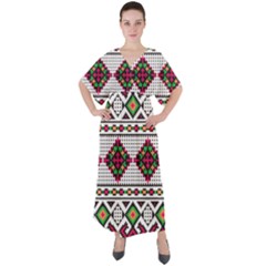 Ukrainian Folk Seamless Pattern Ethnic Ornament Border Element Traditional V-neck Boho Style Maxi Dress by Grandong