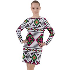 Ukrainian Folk Seamless Pattern Ethnic Ornament Border Element Traditional Long Sleeve Hoodie Dress