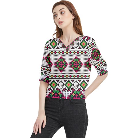 Ukrainian Folk Seamless Pattern Ethnic Ornament Border Element Traditional Quarter Sleeve Blouse by Grandong